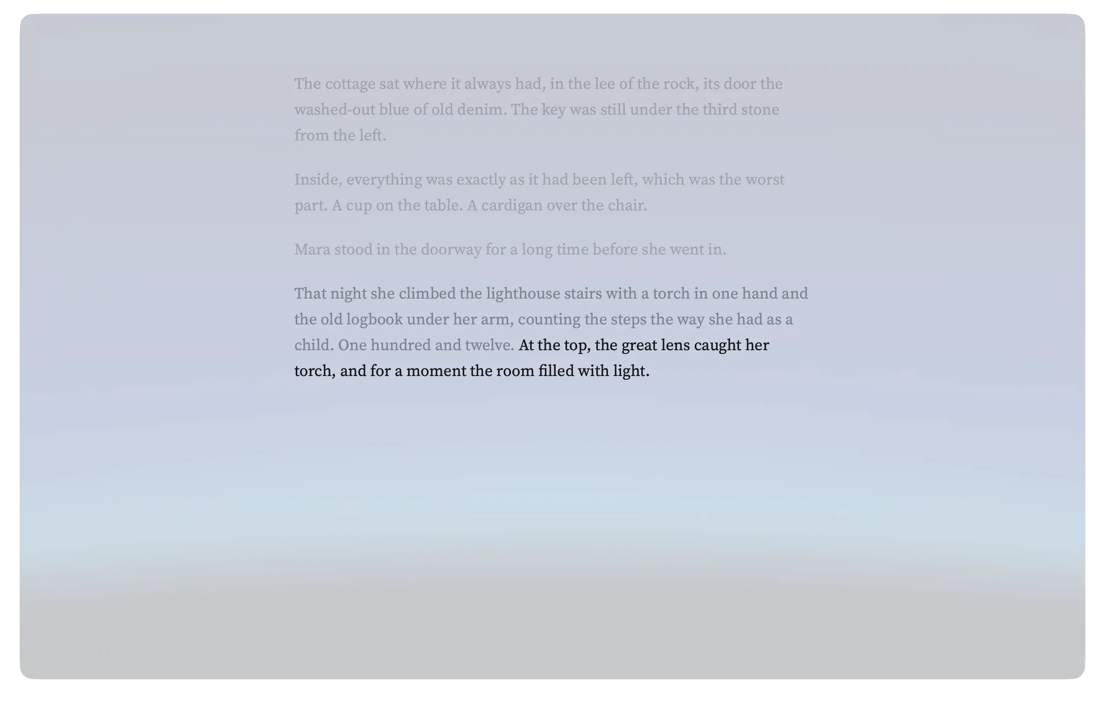 Focus mode: a page of prose with every sentence dimmed except the one being written
