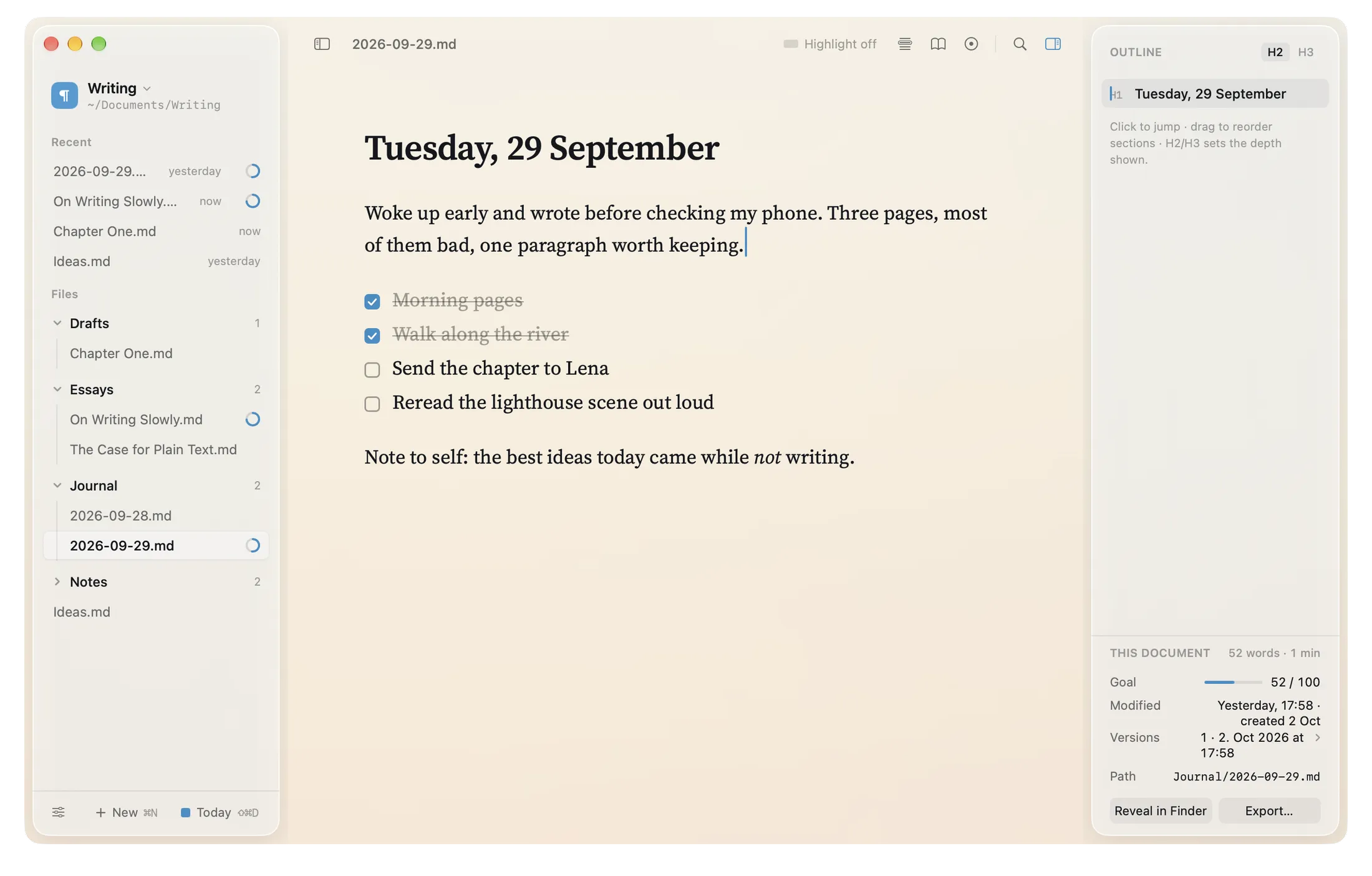 A daily note with a task list in klar.