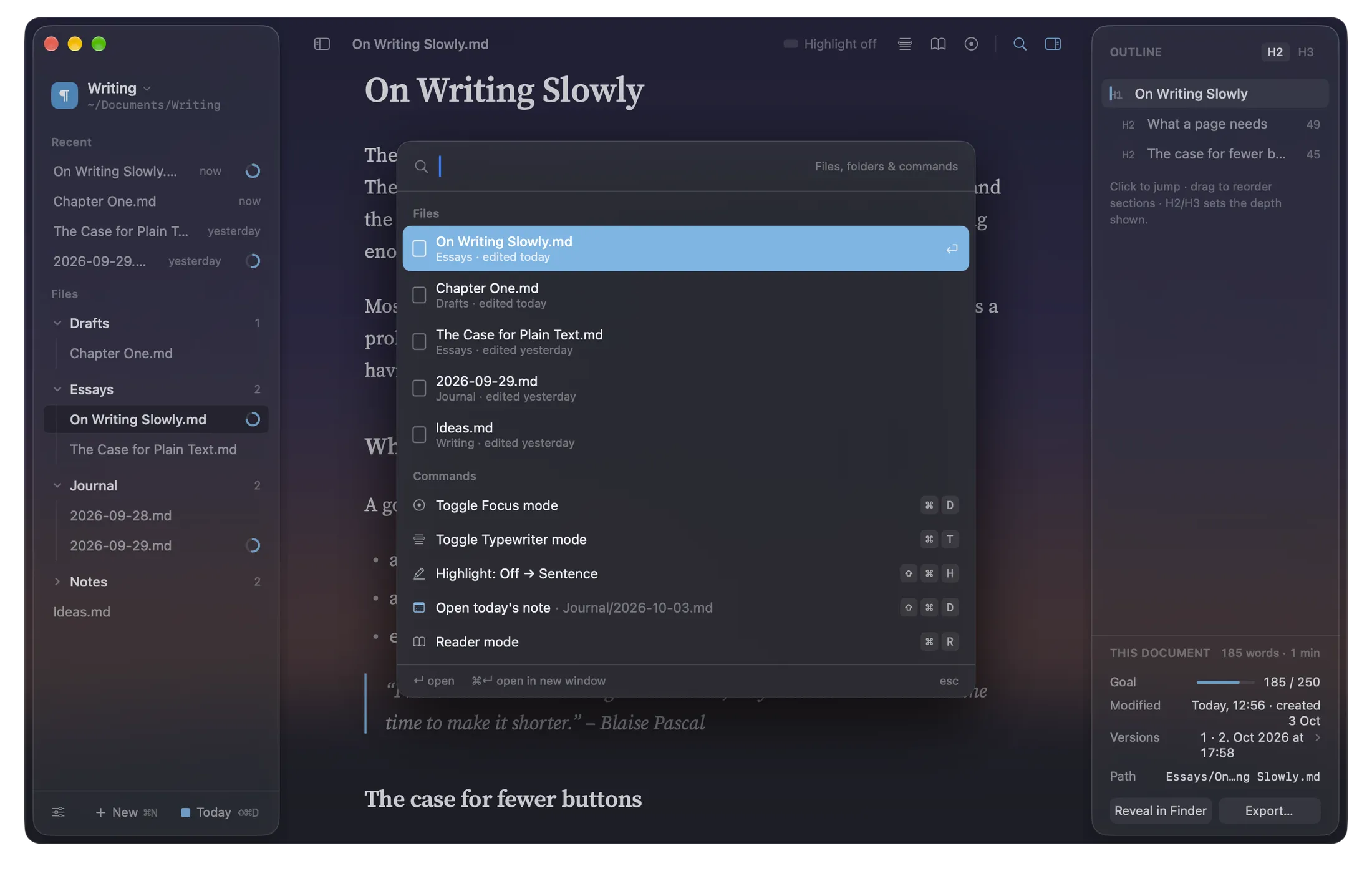 Quick Open: a search field listing files and commands over the editor